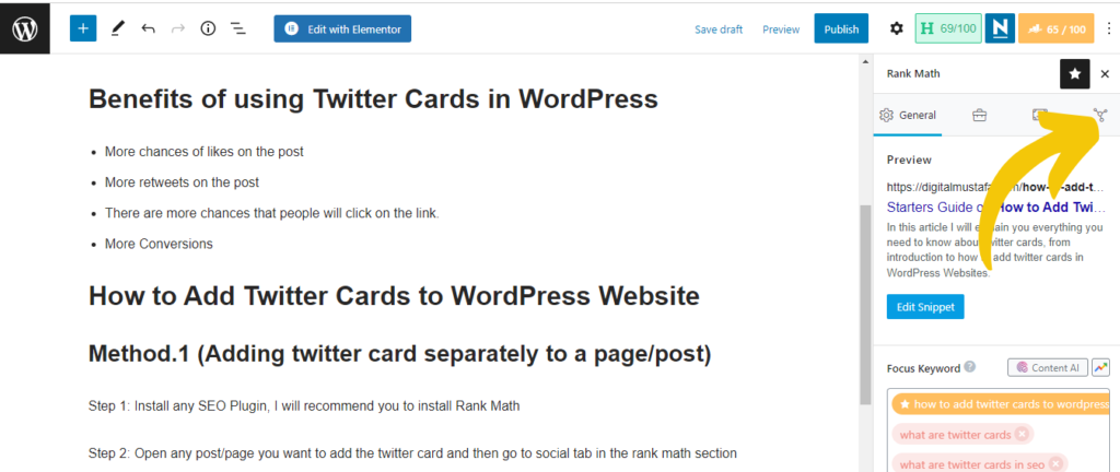Step 2: Open any post/page you want to add the twitter card and then go to the social tab in the rank math section